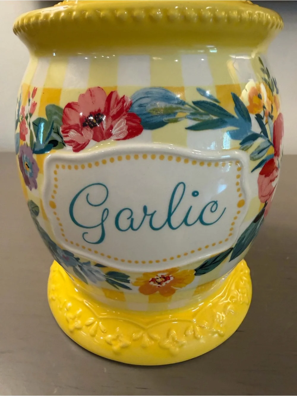 Pioneer Woman Sweet Romance Garlic Keeper Clear Knob Lid Ceramic Yellow Kitchen